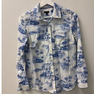 Talbots Tropical Toile Button Down Shirt Womens Small Blue White Cotton Summer
